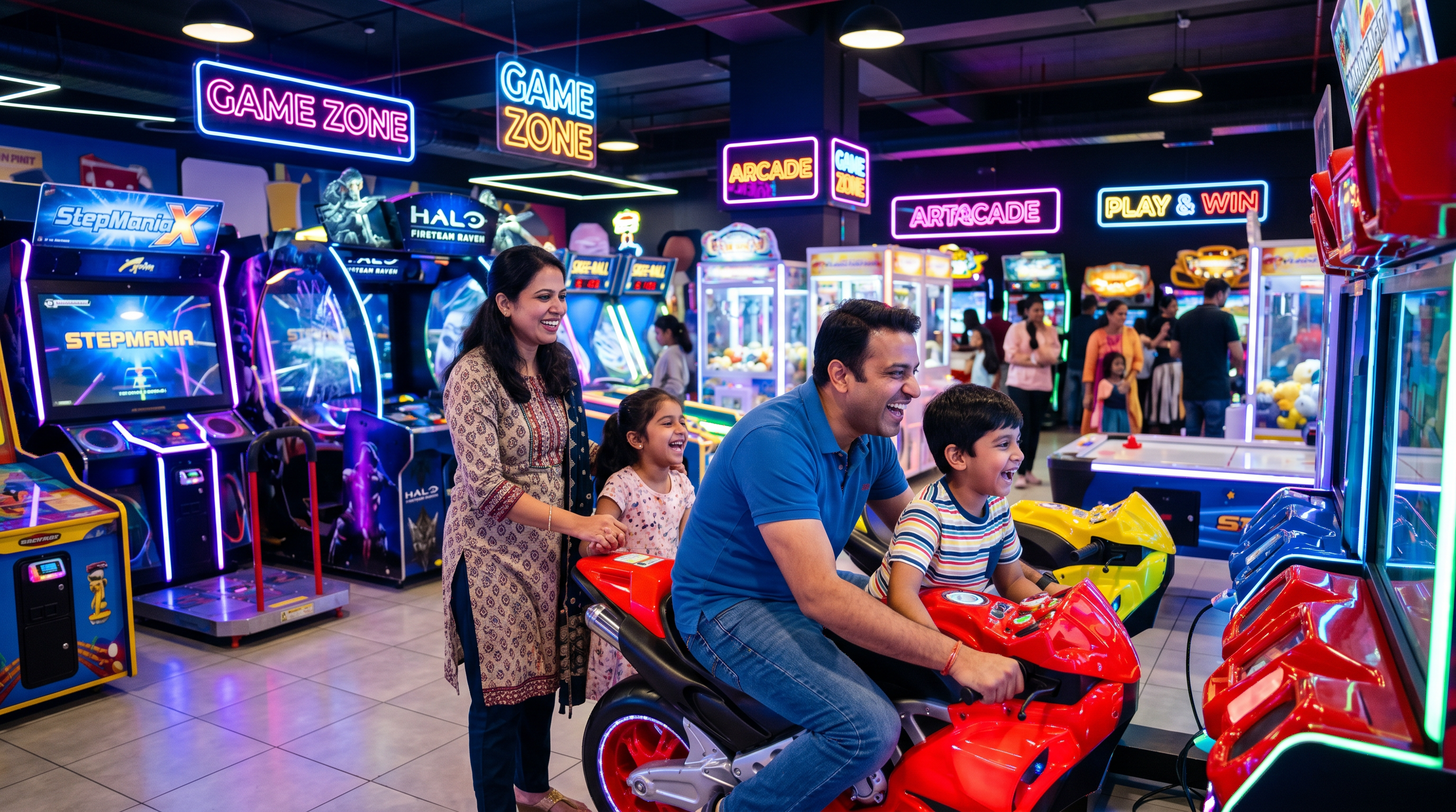 Family playing arcade games together at FunVana