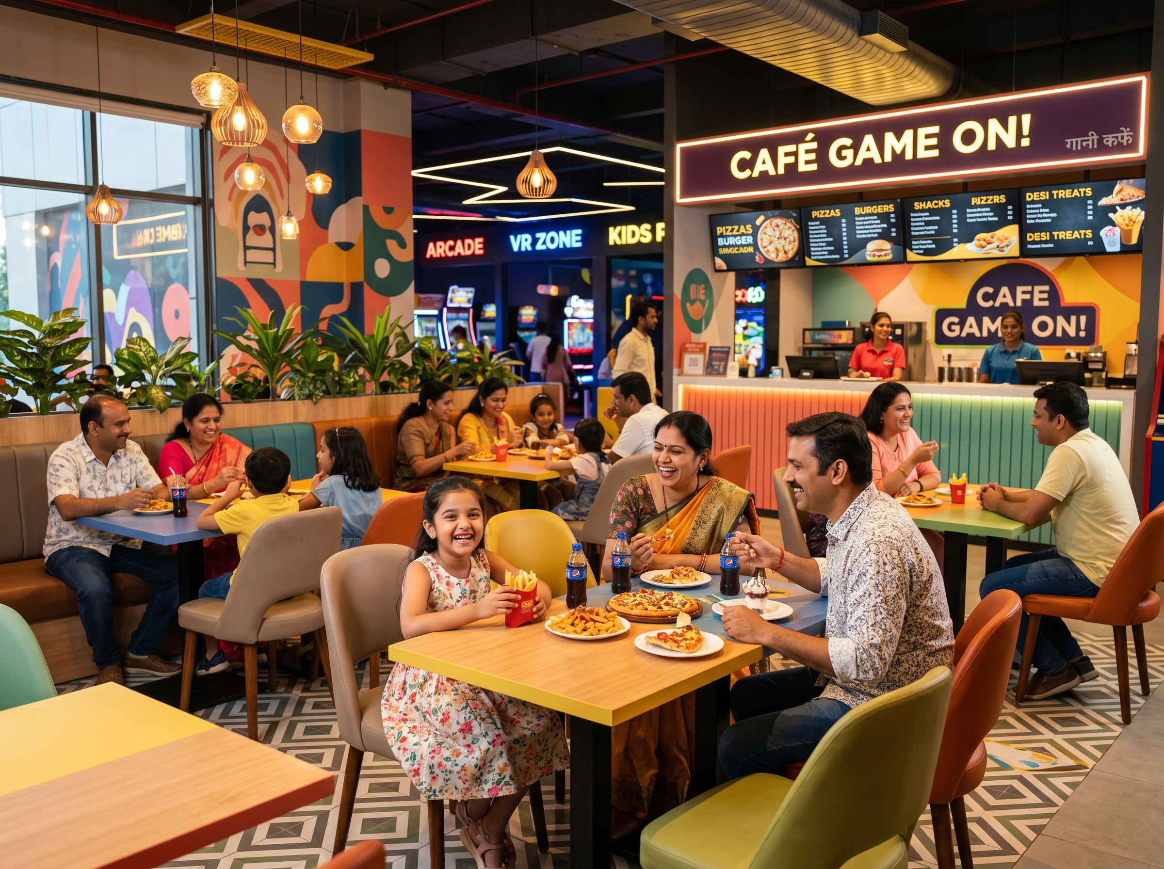 Families dining at FunVana café and food court