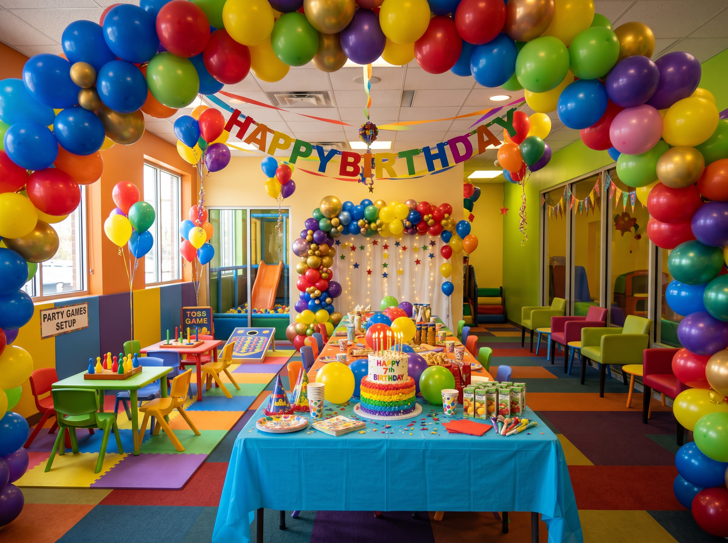 Beautifully decorated birthday party room at FunVana